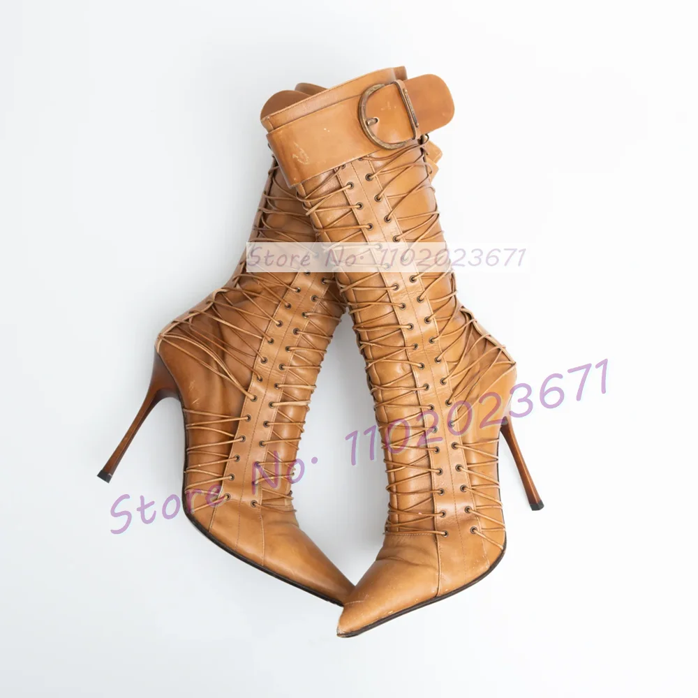 Tan Leather Pointed Toe Mid Boots With Lace Up Detail Women Trendy Belt Buckle Strap Cool Shoes Girl\'s Cross Tied Tall Boots