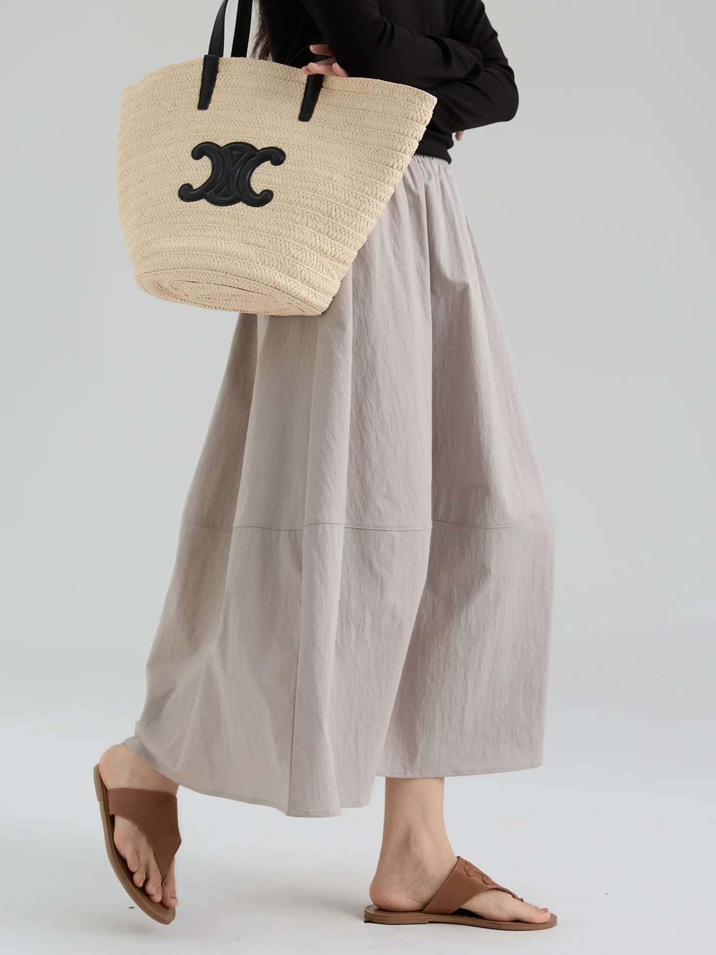 

Spring 2026 New Dwind Elastic Waist f-length Skirt Women Loose Color Splicing A-line Long Skirt Cotton Blend