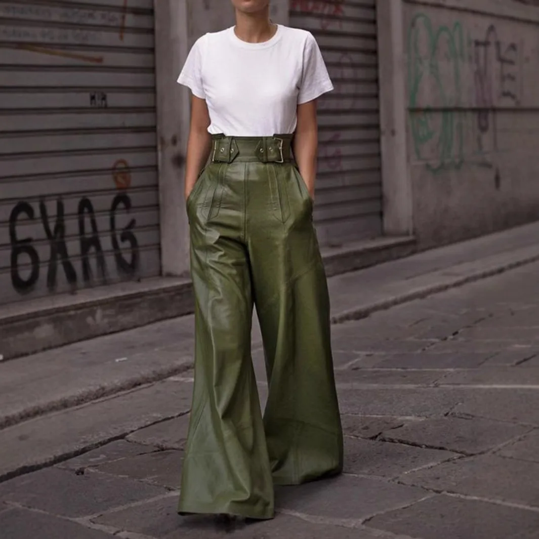 Women's Fashion PU Leather Solid Color Wide Leg Pants 2026 New Loose High Waist Pleated Metal Buckle Streetwear Casual Trousers