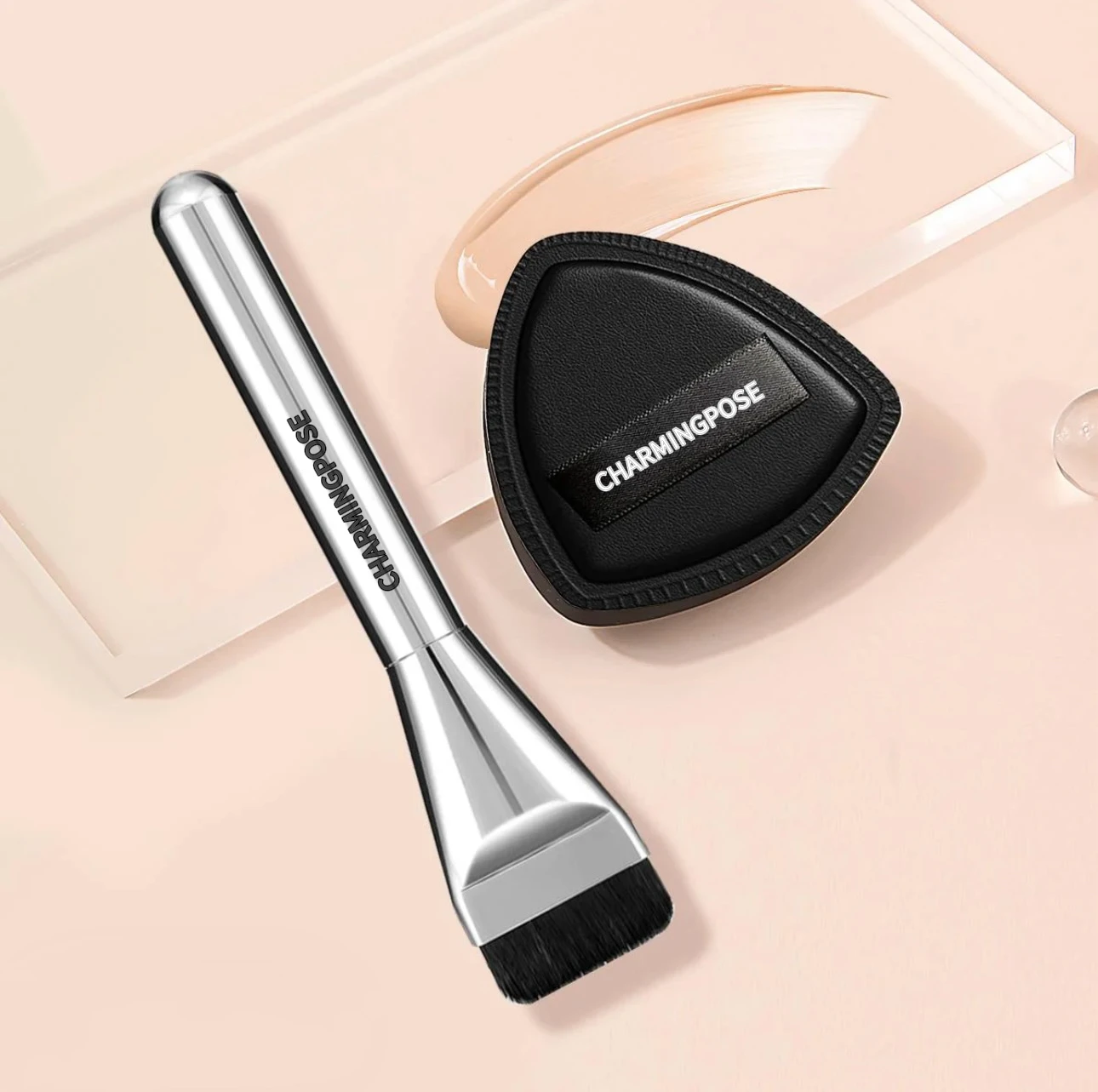 Ultra-Thin No-Mark Concealer Applicator Tool 3-in-1 Set | Flat Head Foundation Brush & Black Makeup Puff Blender Sponge for Flaw