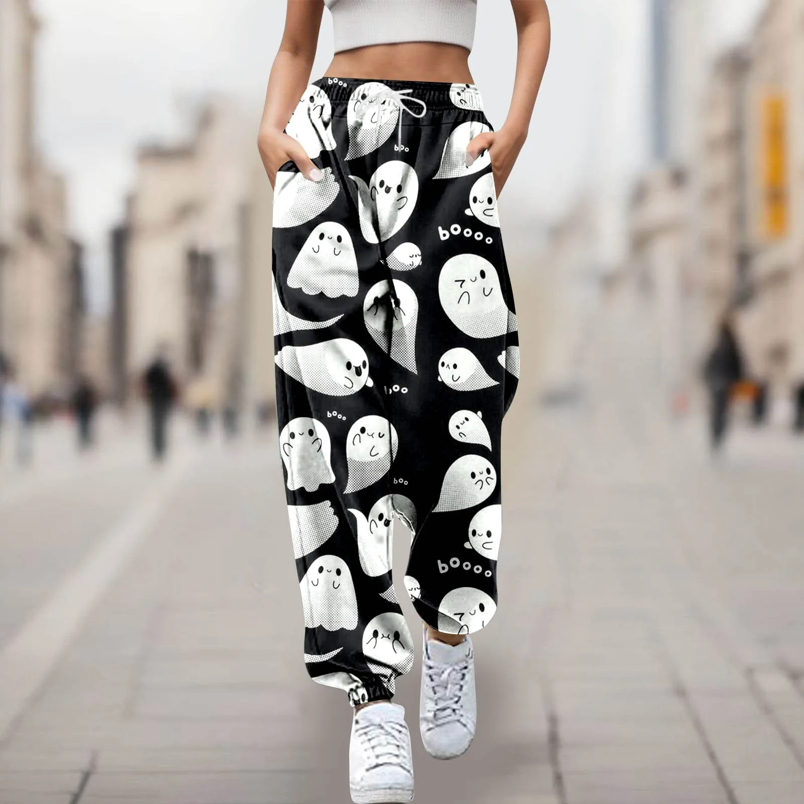 Ladies Halloween Full Print Pants Personality Trend Aesthetic Fashion Casual Pants Loose And Comfortable All The Tie Leg Pants