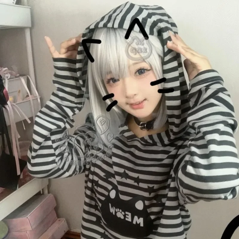 

Y2k Cat с длинными рукавами в полоску, свободные толстовки, весенне-осенние новые толстовки с капюшоном, топ, женская японская милая готическая темная академическая одежда