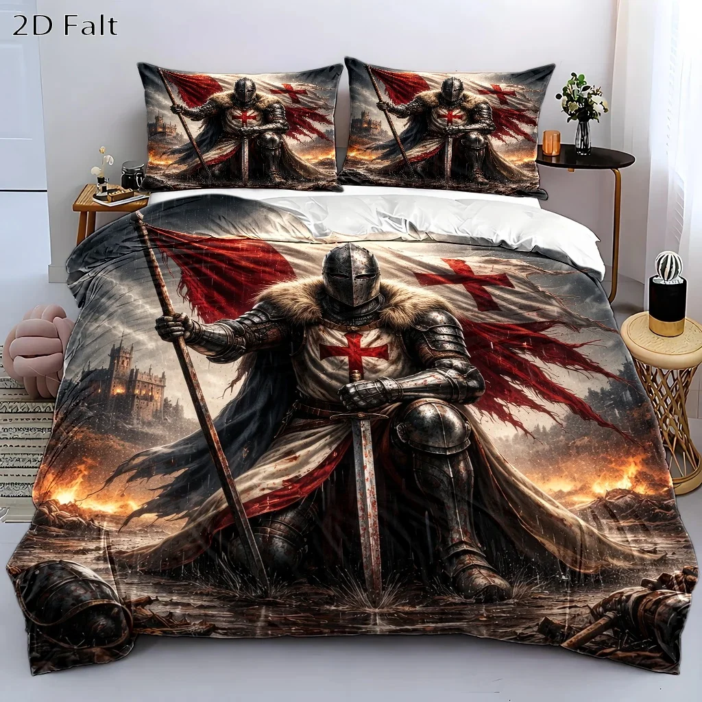 3-Piece Medieval Templar Themed Duvet Cover Set, Three-Piece Bedding Set (1 Duvet Cover + 2 Pillowcases), Suitable for All Seasons, Machine Washable, Invisible Zipper Design, Large Double Bed Cover Set, Suitable for Home, Dormitory, Master Bedroom, Guest Room, Retro Armor Knight War Flag Pattern, Immersive Medieval Battlefield Style Bedding, Thickened Skin-Friendly Brushed Fabric, Personalized Gaming and Anime Themed Bedding
