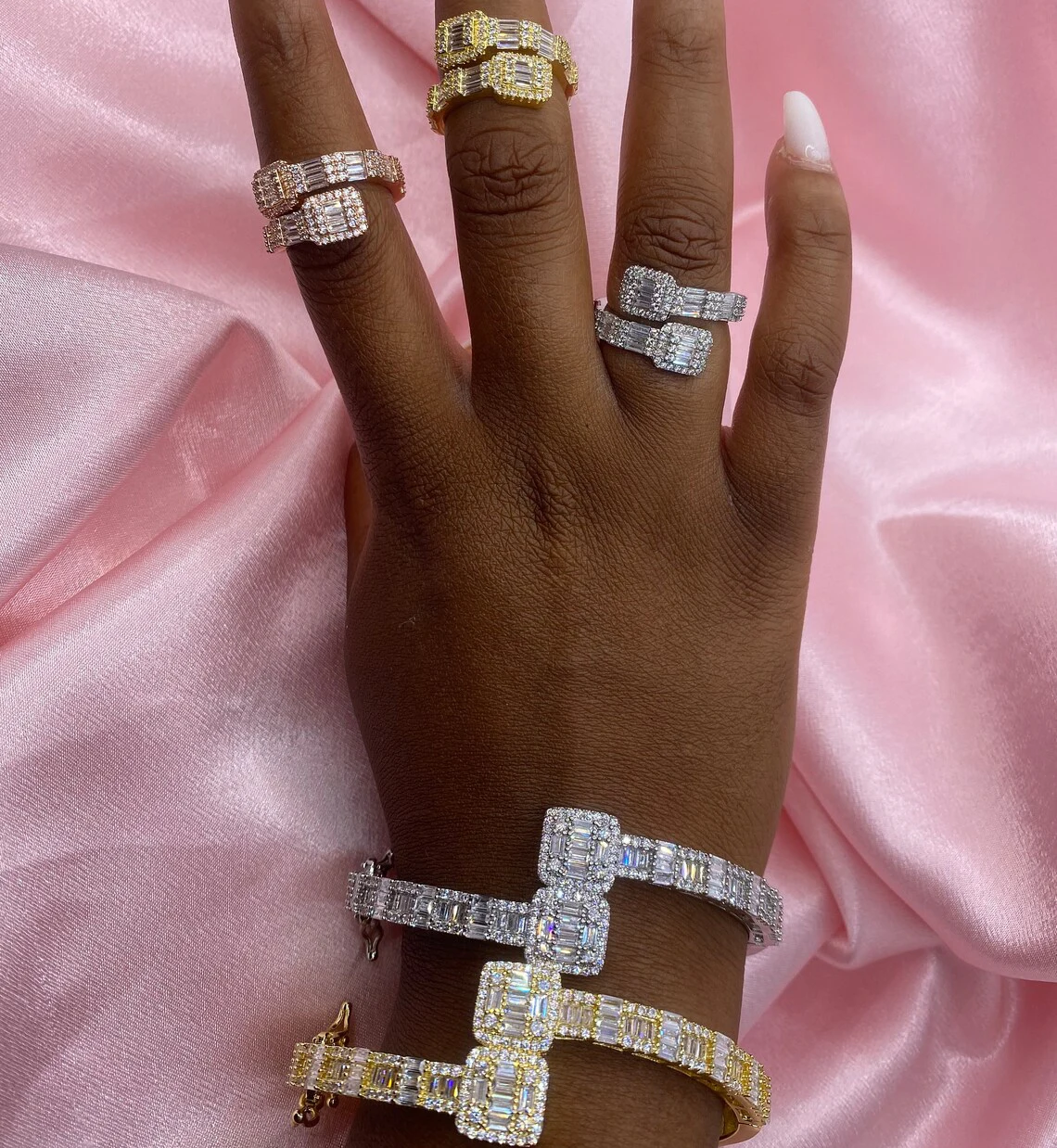 Geometric CZ Cluster Square Cubic Zircon Bangle Luxury Fashion Women Men Opened Couple Bracelet Bling CZ Jewelry