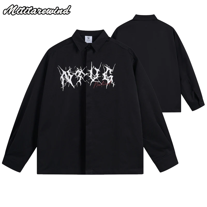 

Spring Autumn Long Sleeve Shirt Men Creative Letter Printed Hip Hop Streetwear Oversized Black White Shirt Japanese Casual Shirt