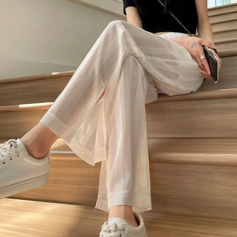 2024 Summer Personalized High-end Fashion Trend High Waisted Lace Up Straight Tube Solid Color Loose Casual Mesh Harlan Pants