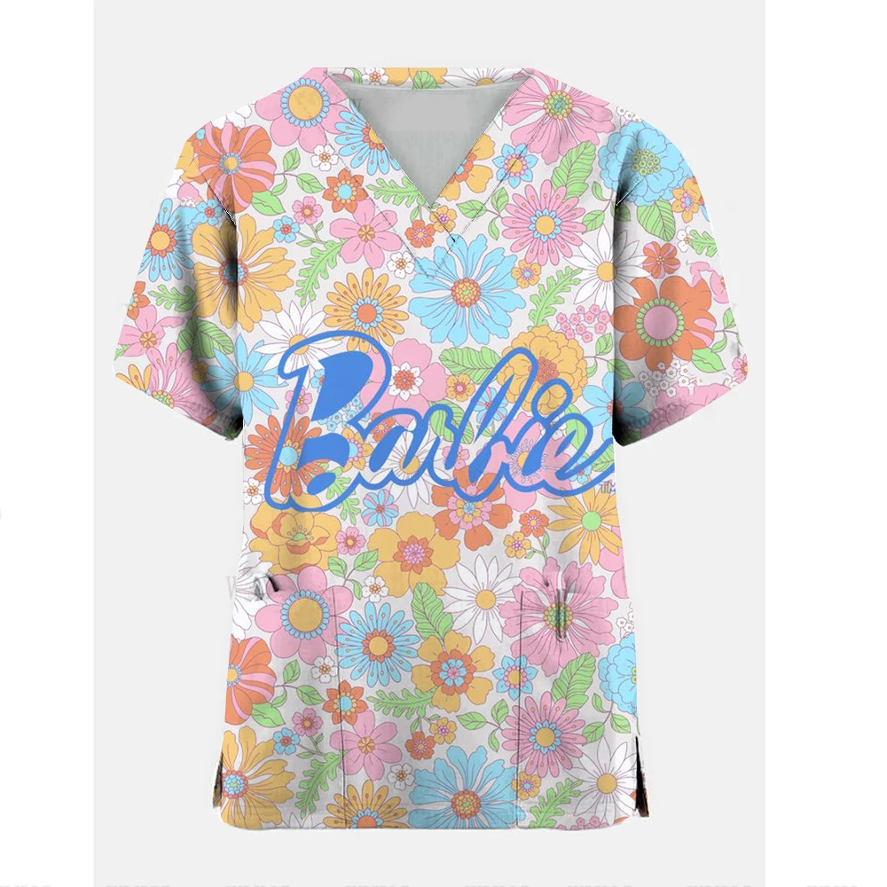 Barbie print Nursing Scrubs Tops Women Nurse Uniform Women Fashion V-neck Pocket Beauty salon uniform Medical Uniforms Uniforme