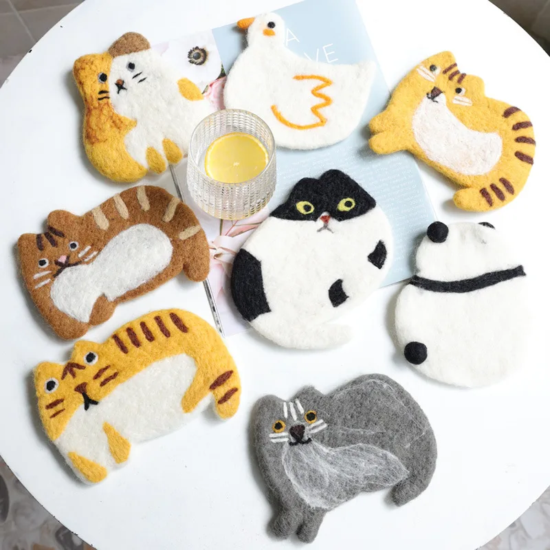 

Japanese Korean Ins Style Wool Felt Cat Coaster Cute Cartoon Table Mat Home Decor Photo Prop Creative Gift Storage Ornament