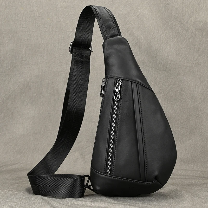 Bolso de pecho de cuero de vaca suave para hombres, paquete de pecho de cuero genuino, bandolera pequeña, bolso antirrobo, café