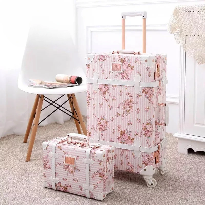 Flower 2PCS/SET Vintage luxury  Travel Luggage with handbag Women Retro Trolley Suitcase Bag girls cosmetic makeup valise