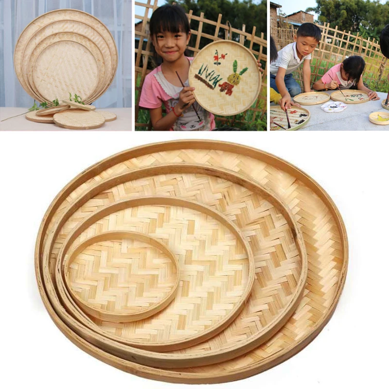 Handmade Round Bamboo Weaving Sieve Snack Food Bread Picnic Vegetable Tea Dishes Durable No Holes Storage Basket Organizer