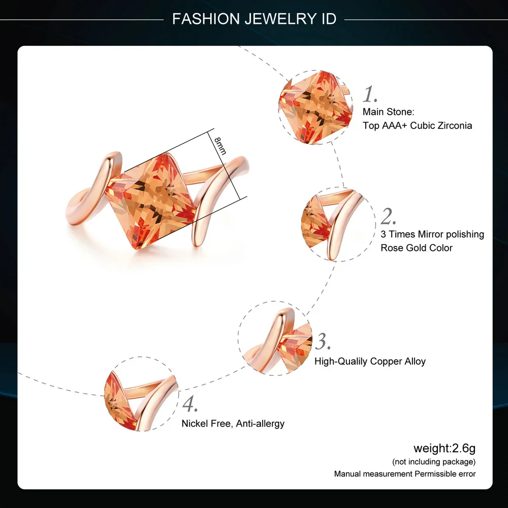 Orange Square Cubic Zirconia Finger Rings for Women Rose Gold Color Fashion Jewelry For Women Engagement Dating Ring R419