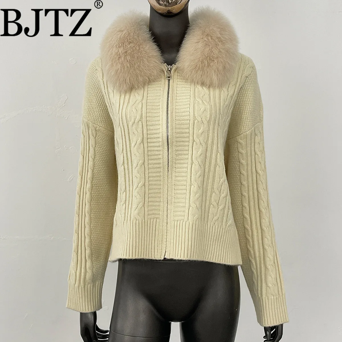 BJTZ ساحة الرقبة ريال فوكس الفراء كابل متماسكة سترة معطف للنساء ربيع الخريف أنيقة تنوعا سحاب أكمام طويلة سترة علوية