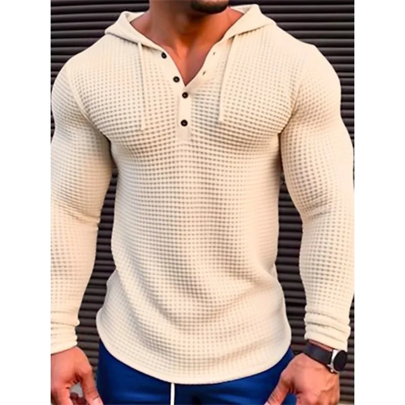 

Spring Solid Color Slim Fit Long Sleeved T-shirt, Men's Hooded Breathable Sports Top, Waffle Casual Long Sleeved Shirt