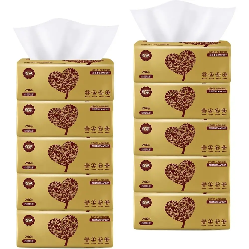 

10 Packs Non-Cotton Facial Tissues, Disposable Paper Napkins, White, 4-Ply, 280 Sheets Each, Total 2800 Sheets