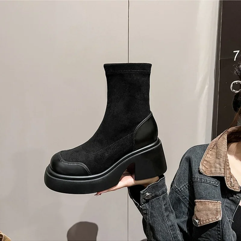 Women Black Ankle Booties Round Toe Chunky Heels Shoes Spring Autumn New Fashion Slip On Ladies Stretch Boots Cozy Botas Mujer