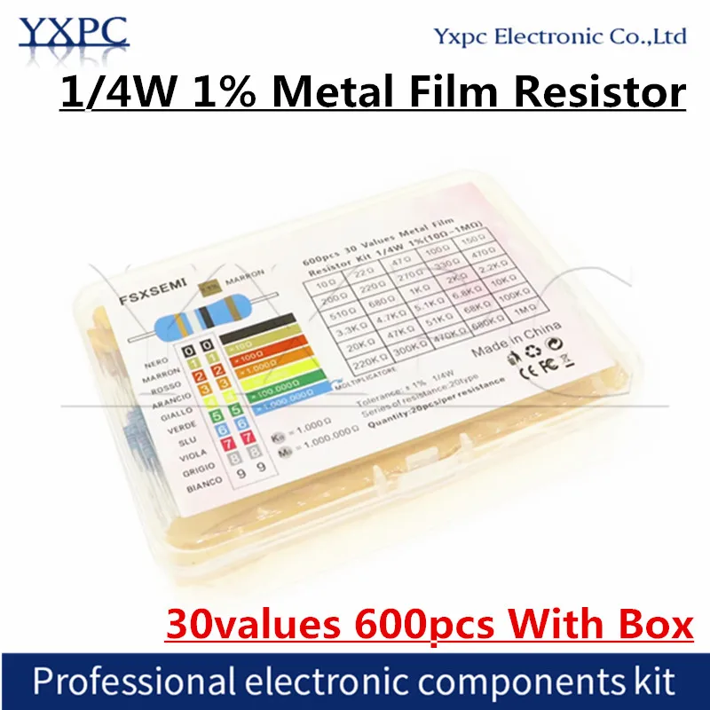 

30values*20pcs=600pcs 1/4W Resistance 1% Metal Film Resistor Pack Assorted Kit 1K 10K 100K 220ohm 1M Resistors