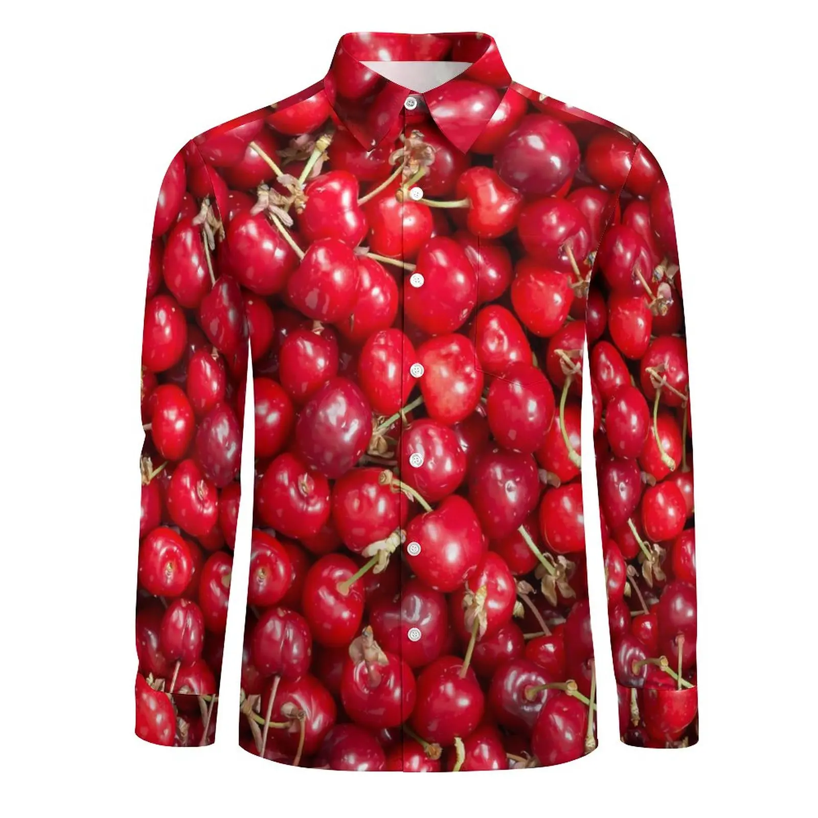 Men's Shirt Red Cherries Print Casual Shirts Long Sleeve Sweet Fruit Y2K Funny Blouses Spring Vintage Custom Oversized Clothing