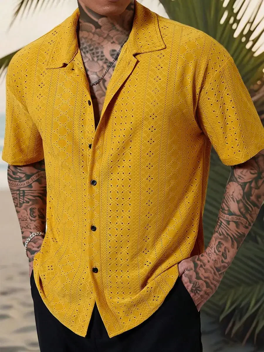 

Men's Yellow Eyelet Lacework Short Sleeve Button-Down Casual Shirt