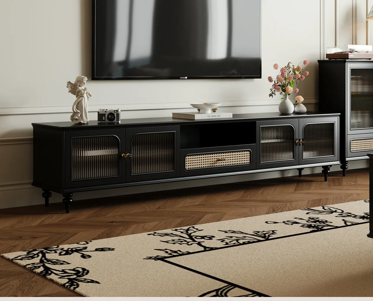 

Retro TV black solid wood living room locker new floor TV floor cabinet coffee table combination