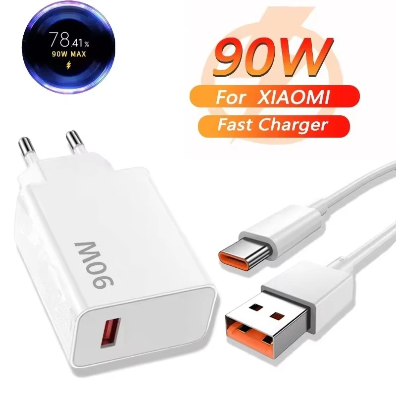 

90W 6A Turbo Fast Wall Charger for Xiaomi 11 12 Lite 13T 14 Ultra Redmi Note 11T 12T 13 15Pro POCO F4 X5 USB Type C Charge Cable