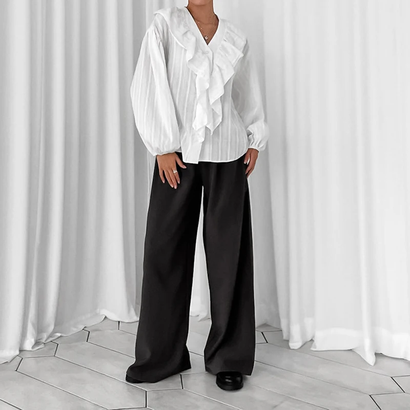 المرأة الخامس الرقبة تكدرت قميص 100% القطن الفرنسية أنيقة قمصان بيضاء ربيع الخريف موضة غير رسمية تخفيف مخطط بلوزة جاكار