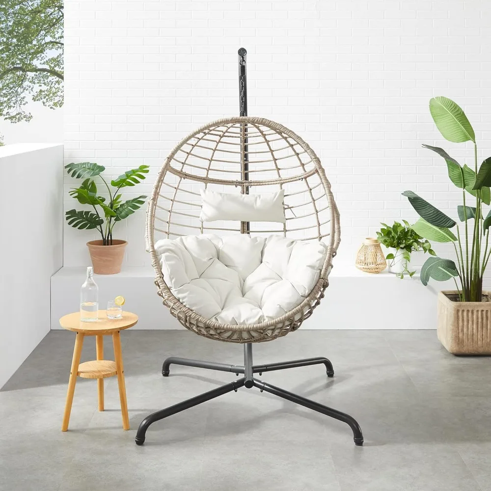 Outdoor/Indoor Hanging Egg Chair - Patio Swing with UV-Resistant Cushion, Wicker Rattan Hammock Basket Chair & Stand