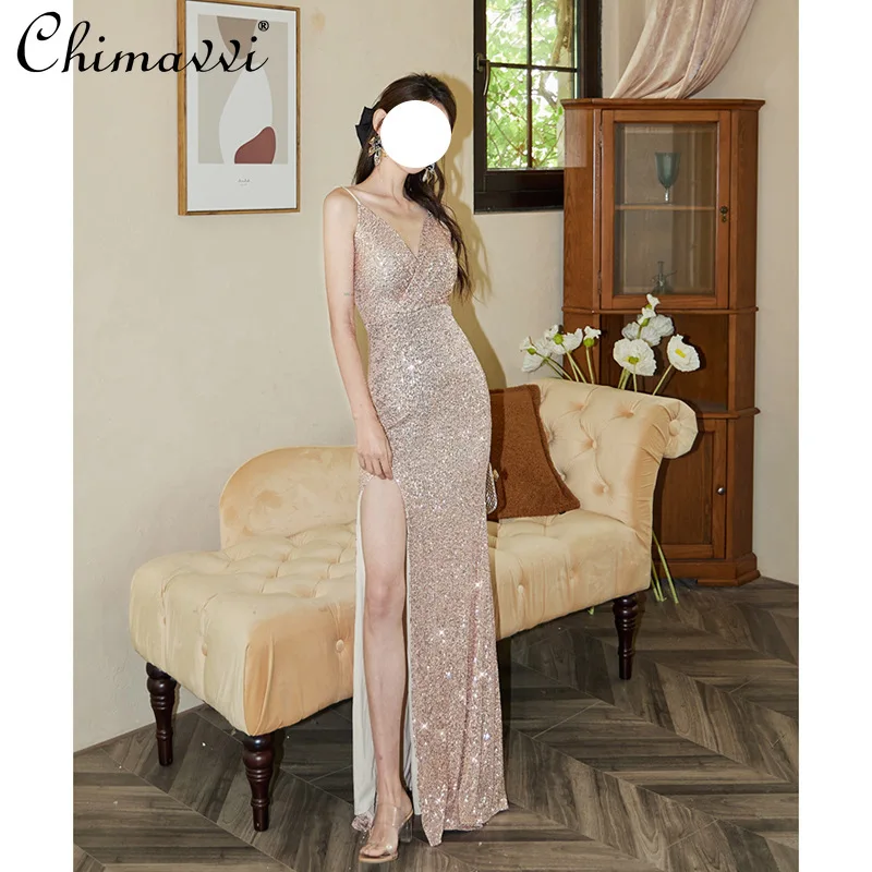 

French Elegant Luxury Gold Sequined V-neck Sleeveless Backless High Waist Slim Fit Sexy Split Fishtail Evening Long Dress Women