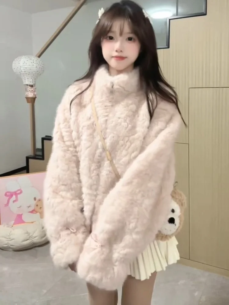 

Thiened Winter Fur Coat Women's Korean Sle Commute Warmth Environmental Protection Small Bear Outerwear Long Sve Zipper