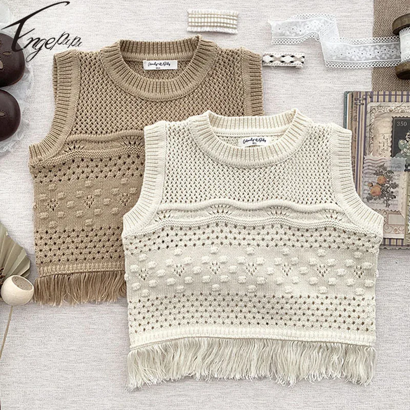 

Engepapa Baby Clothes Kids Vest Hollow Wool Pullover Vest Children's Tassels Jacquard Vest Knitted Vest Baby Girls Sweater Vest