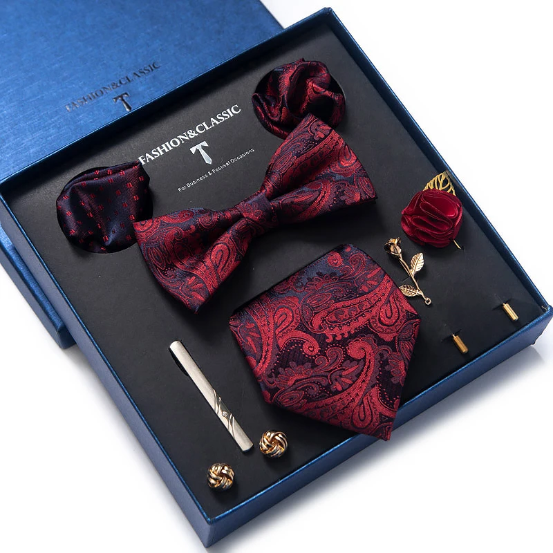 Luxury Brand 8 cm Tie Handkerchief Pocket Squares Cufflink Set Necktie Box Red Paisley Wedding Gravatas Birthday Gift