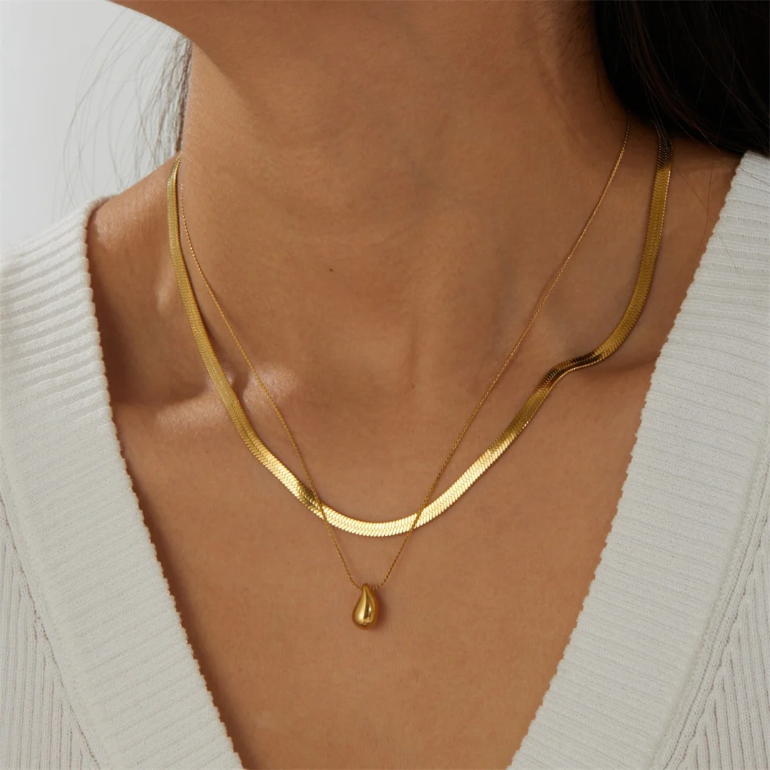 Trendy Water Droplet Charm Pendant Female Gold Color Stainless Steel Double Layers Flat Snake Chain Necklace for Women Jewelry