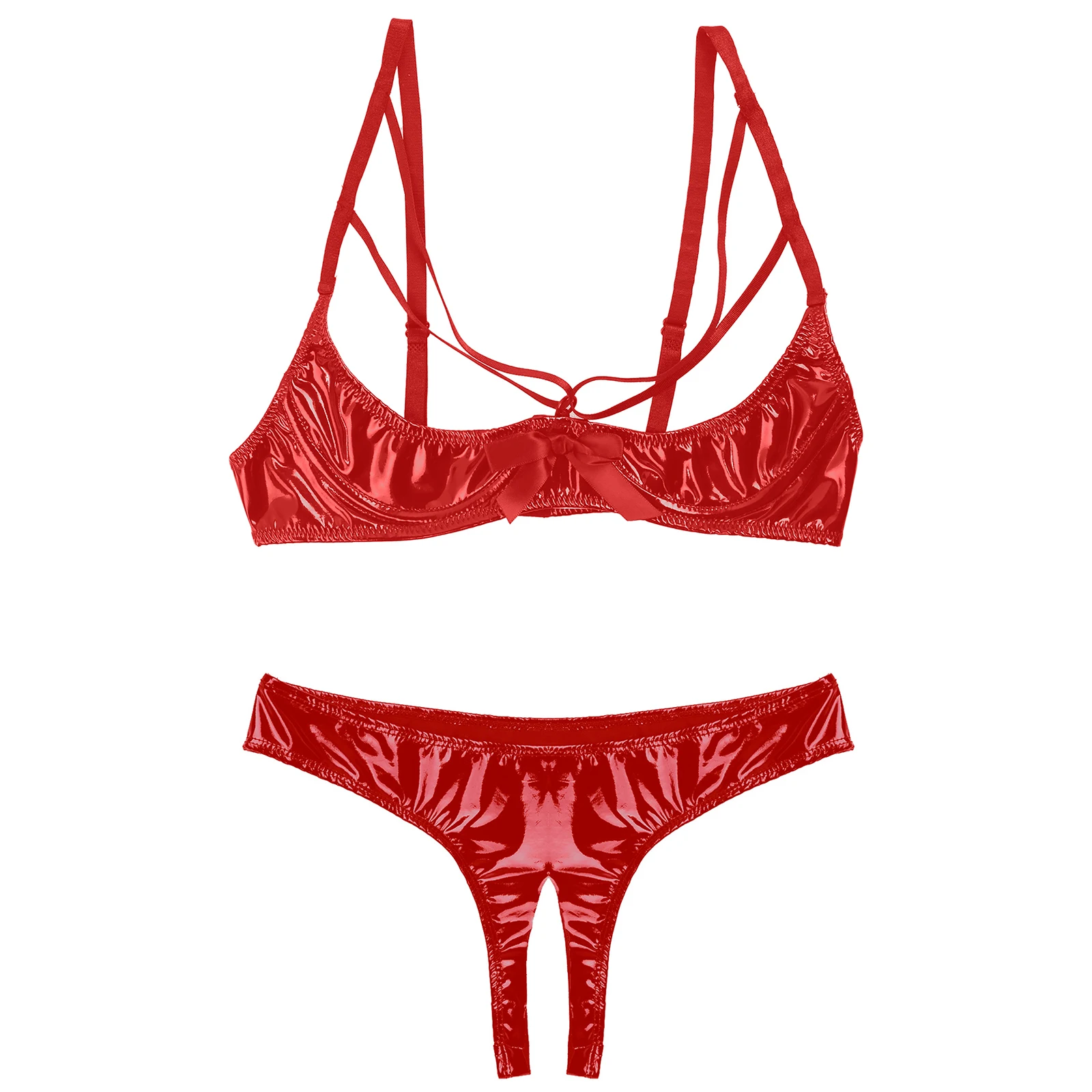 Set di lingerie sexy da donna in pelle verniciata effetto bagnato, intimo con spalline, coppa aperta, reggiseno con ferretto e slip senza cavallo