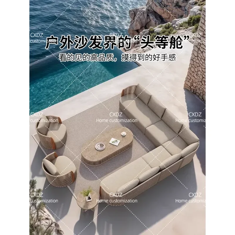 Outdoor Teak Aluminum Rattan Sofa Set Waterproof Sunproof Garden Patio Furniture for Villa Courtyard High End Open Air
