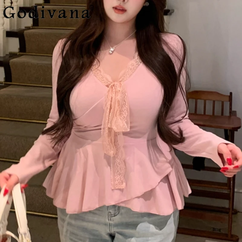 

Autumn Winter Gentle Elegant Lace V-neck Slim Long Sleeve Sexy Knitted Tops Girl Versatile Fashion Temperament A-line Korean Top