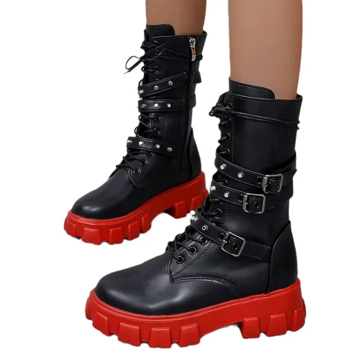 Woman Boots  Winter New Pu Leather Platform Fashion Lace Up Punk Gothic Booties Casual Work Shoes botines mujer