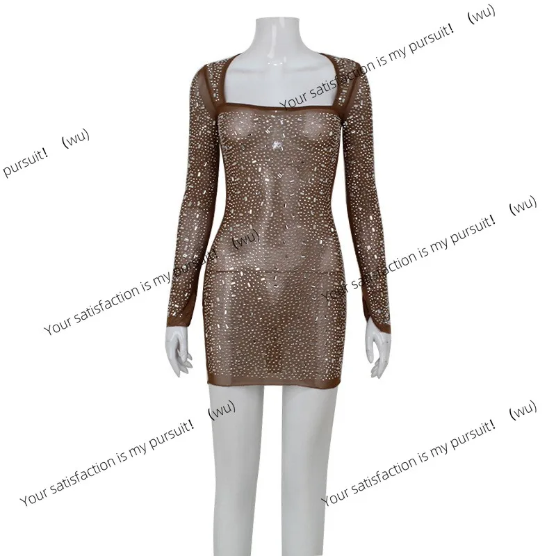 ZOCI-Gaun seksi gaya wanita, potongan ramping, kerah persegi, lengan panjang, kain jala berlian, sedikit longgar.