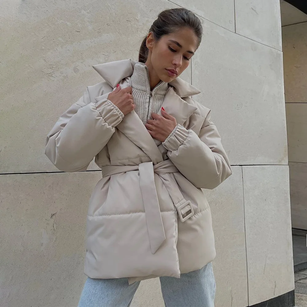 Winter New Thick Lapel Waist Cotton-padded Coat Slim Solid Color Cotton-padded Jacket Coat Woman