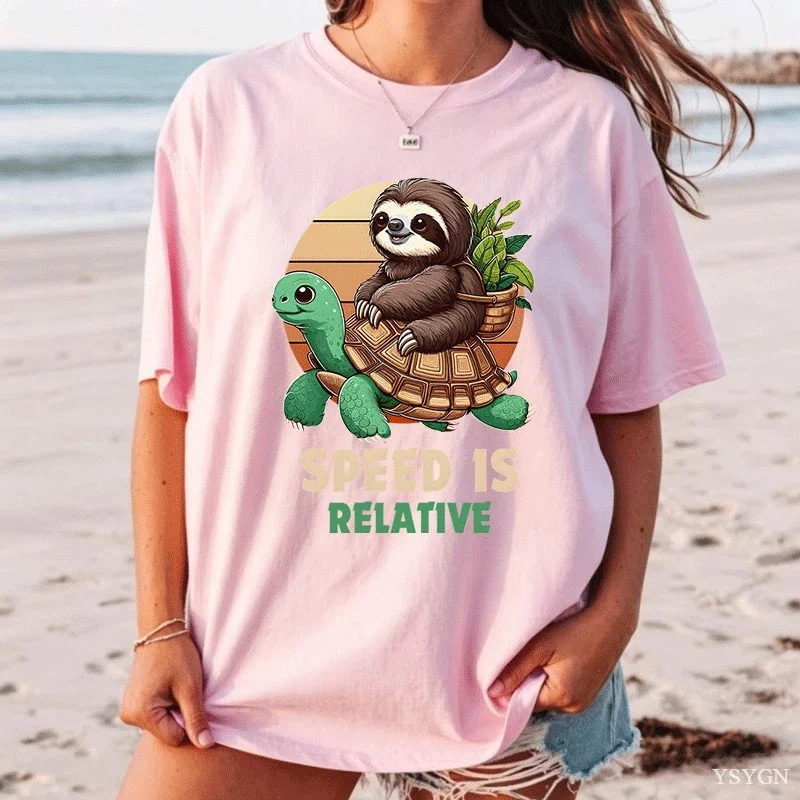 Ladies Short Sleeve Tee Sloth Riding Turtle Speed Is Relative Retro Sunset Graphic Print Crew Neck Casual Funny Animal Daily Top
