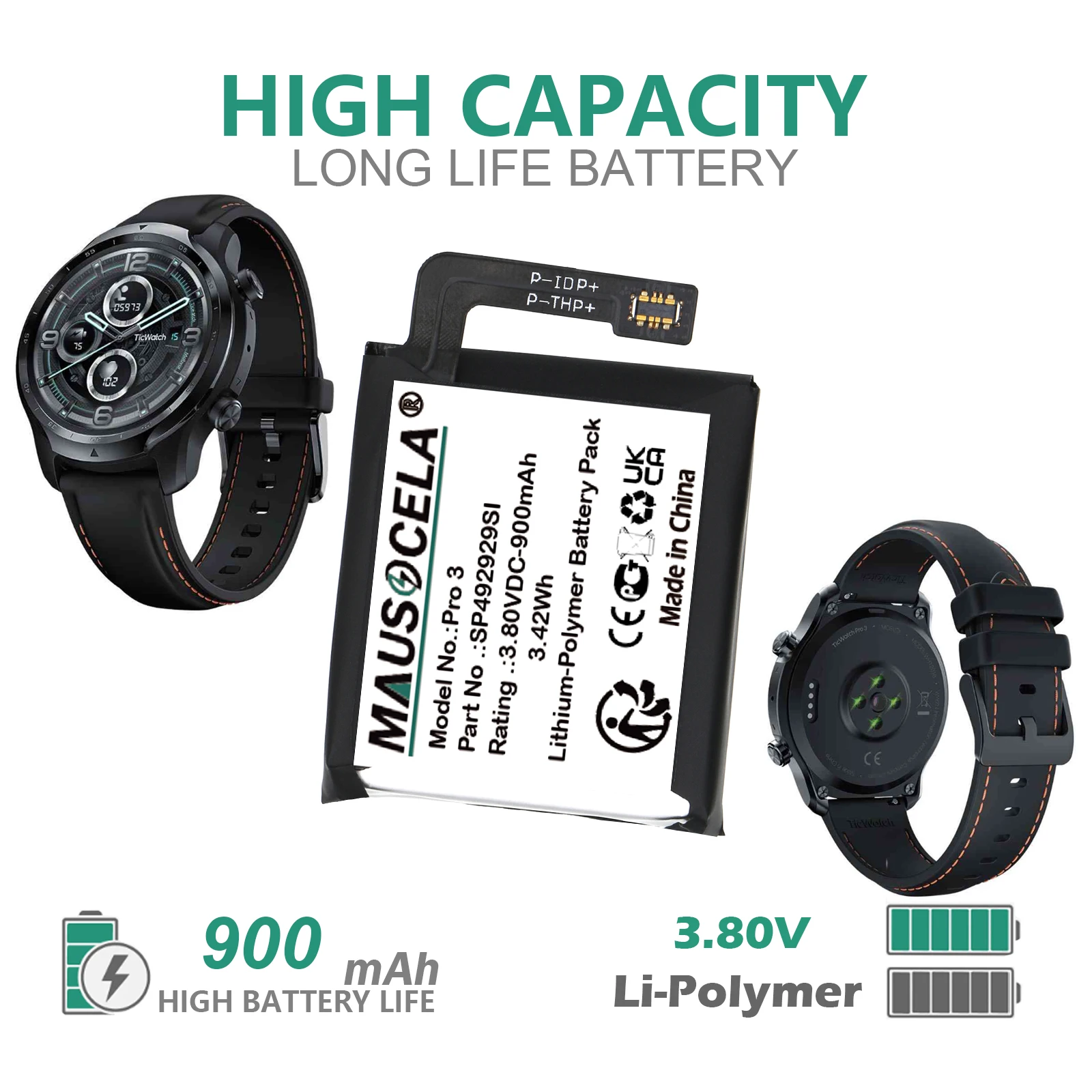 900mAh Smartwatch Battery For Ticwatch:SP492929SI,Pro 3,+Toolkit,--Li-Polymer--3.85V--900mAh/3.42Wh