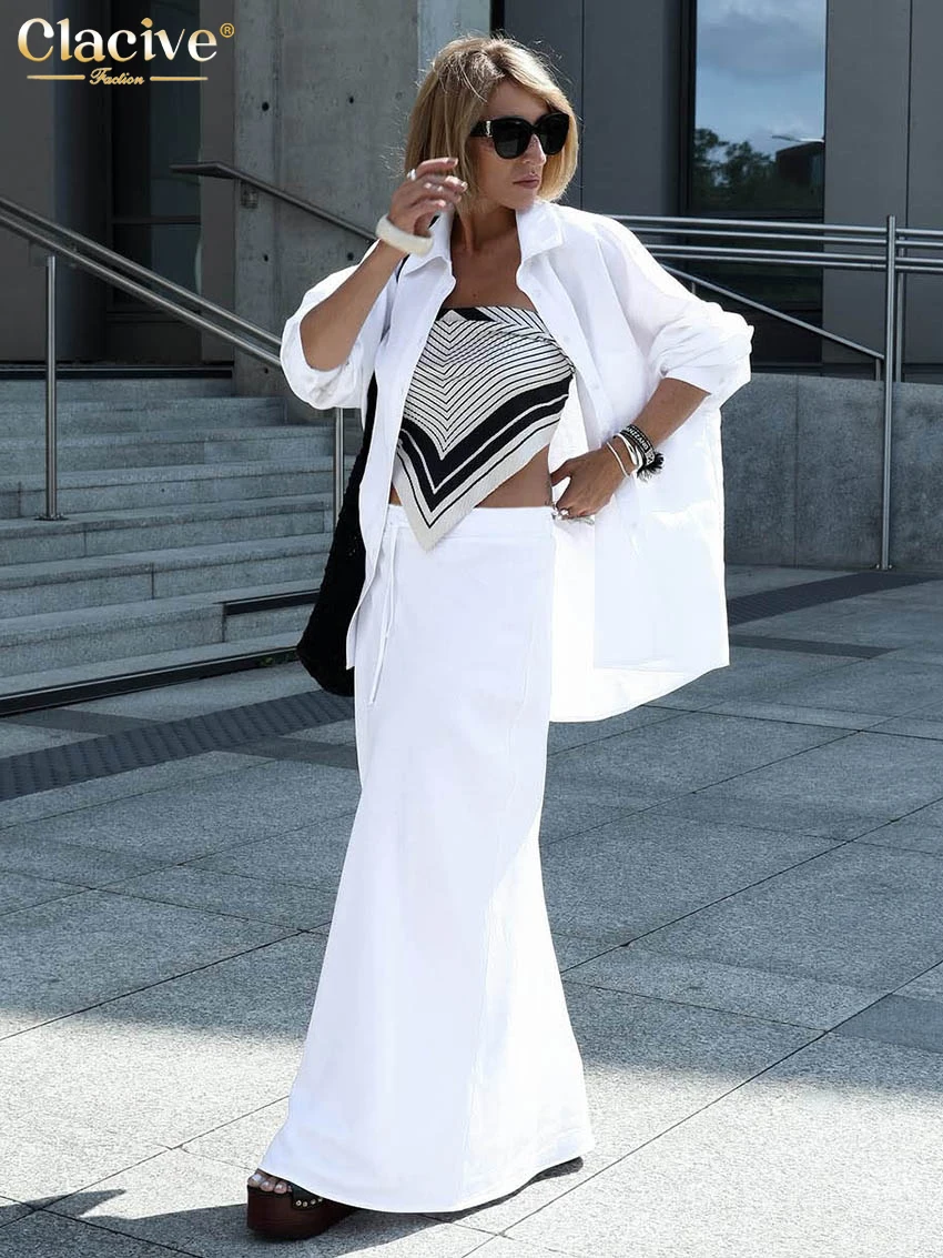 

Clacive Fashion Loose White Cotton Women's Two Pieces Set 2025 Elegant Long Sleeve Shirt With High Waist Maxi Skirt Set Female