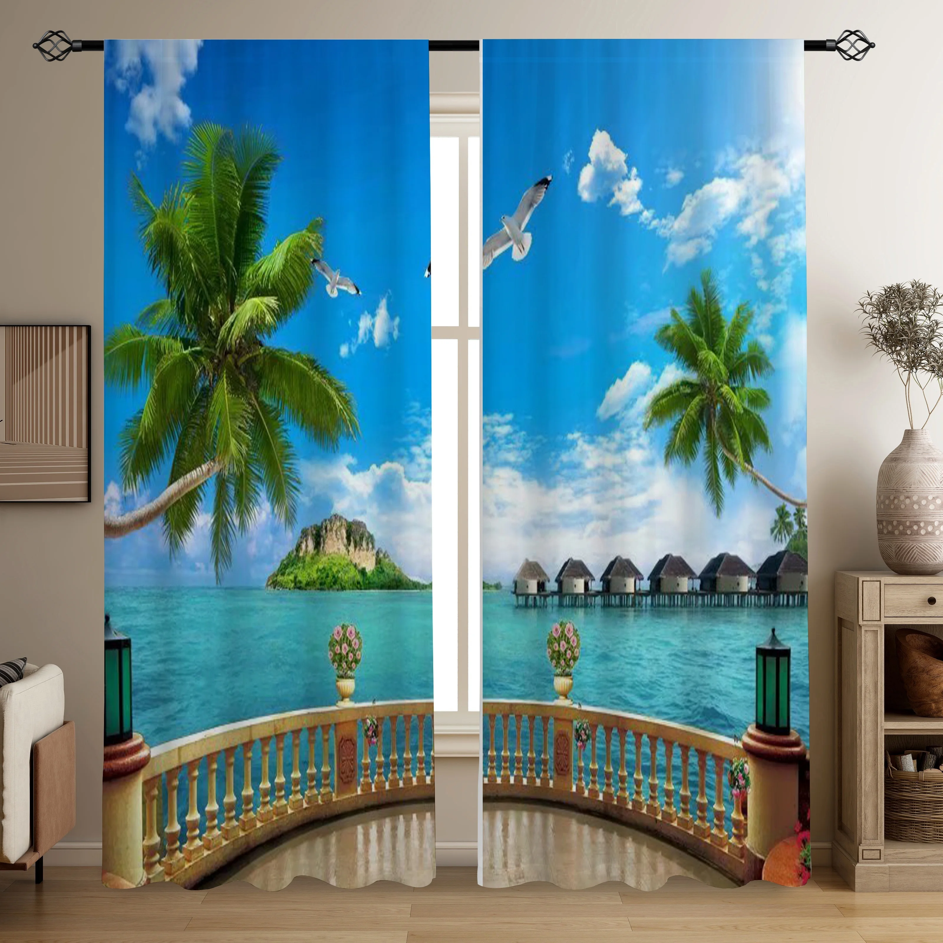 Tropical Beach Curtains Blue Sky Palm Trees Ocean View Seaside Drapes Resort Style Waterproof Window Curtains