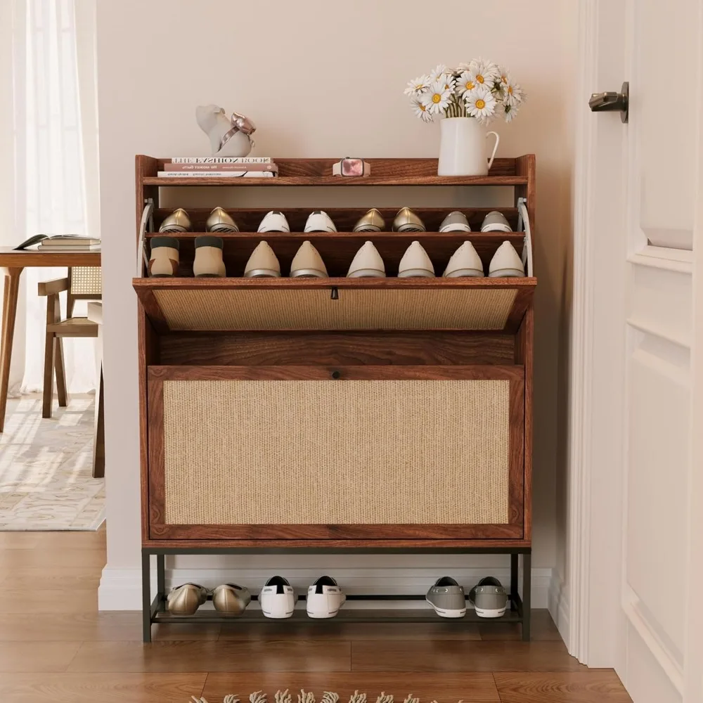 

avzear narrow shoe storage cabinet for entryway with 2 flip drawers, freestanding shoe cabinet with natural linen panel, slim wo