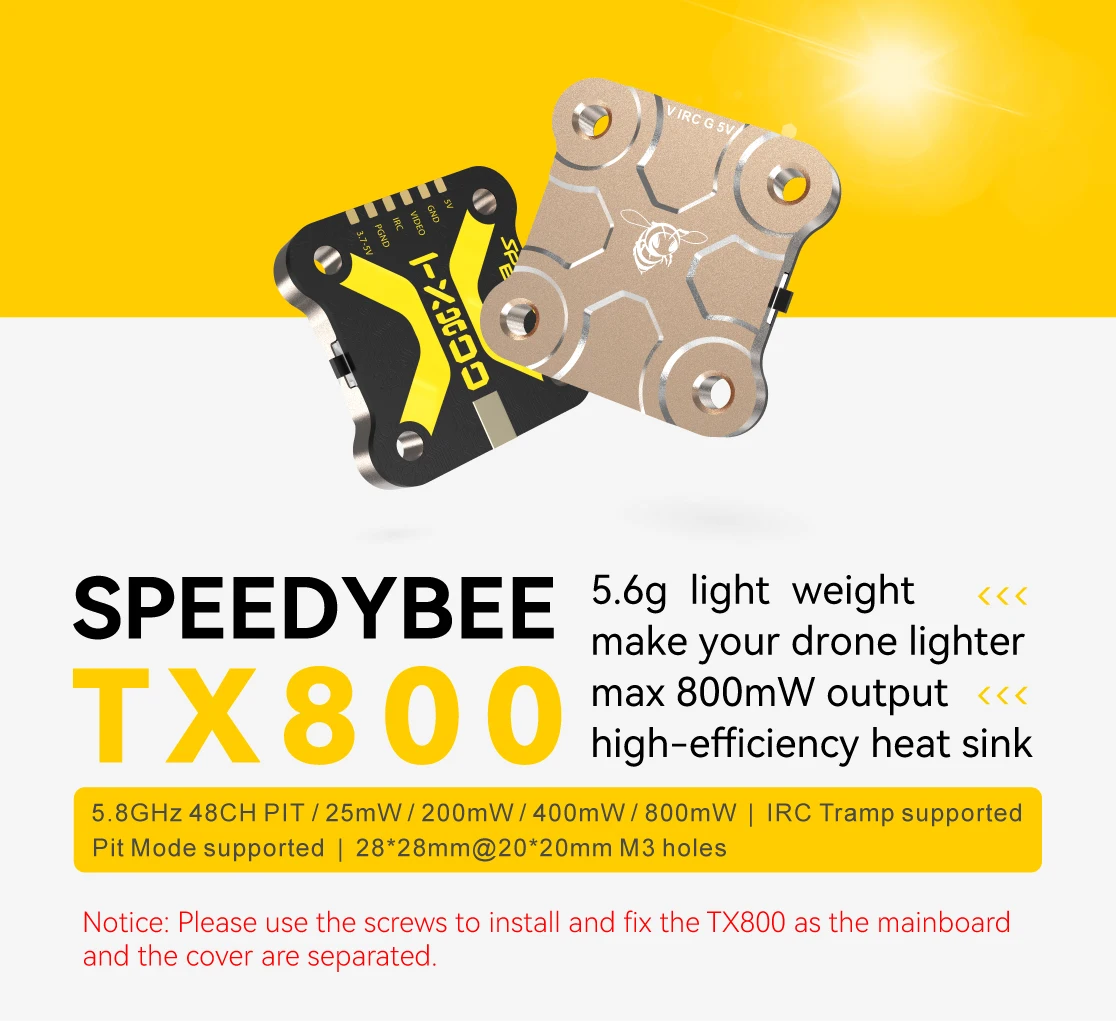 

SpeedyBee TX800 VTX 5.8G 48CH PitMode 25mW/200mW/400mW/800mW Output Long Range Transmitter Tramp Support For RC FPV Racing Drone