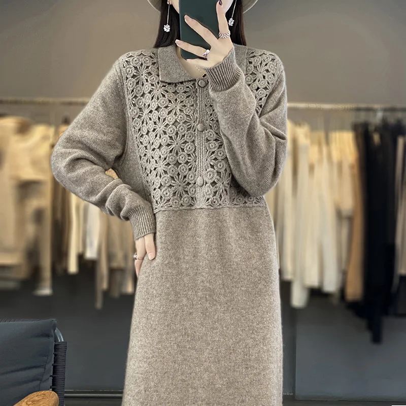 Women\'s Polo Neck Embroidered Cashmere Sweater Knit Dress, Long Knee-length Skirt, Loose Slim Dress, Autumn and Winter