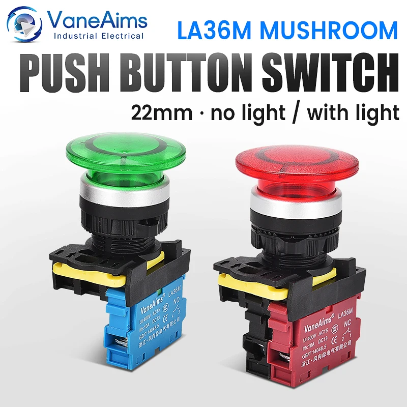 

22mm LA36M Mushroom Head Button Momentary Latching Self-locking LED Light Push Button Switch Red Green 12V 24V 220V 10A VaneAims