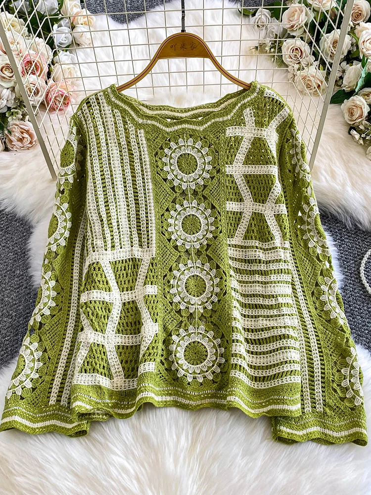 เสื้อถักไหมพรมผู้หญิง สไตล์โบฮีเมียน สำหรับฤดูใบไม้ผลิและฤดูใบไม้ร่วง ลายปักฉลุ คอทรงโอ เสื้อยืด บลูซา เสื้อคลุมผู้หญิง รุ่น BL231