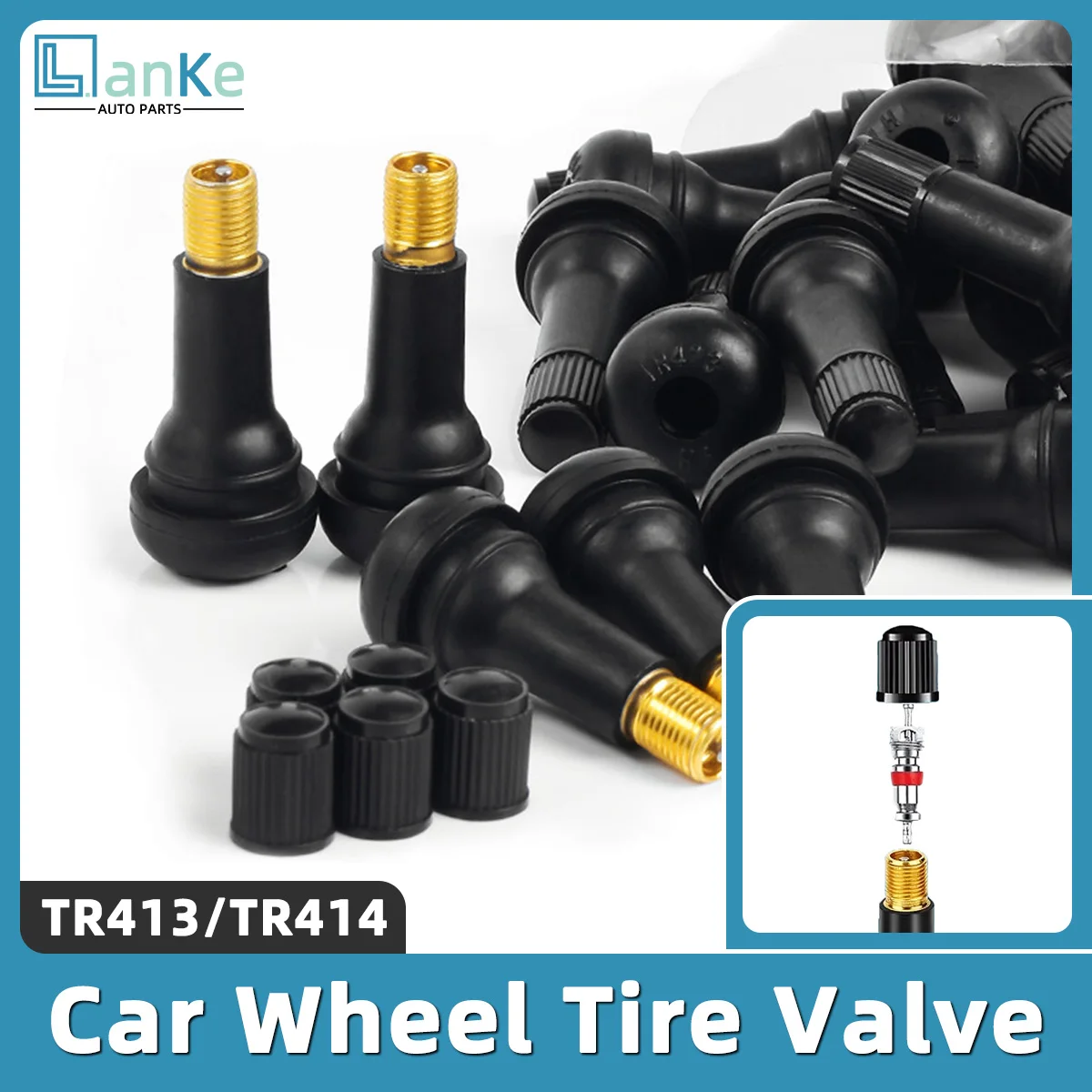 Lanke Rubber Tire Valve Cap TR413/TR414 Car Truck Motorcycle Tubeless Tyre Valve Stem Cover Zinc Alloy Rubber Tire Stem Caps
