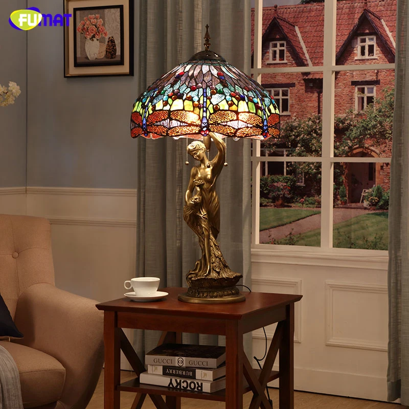 FUMAT European Style Pastoral Table Lamps Vintage Creative Art Stained Glass Stand Lights Tiffany Dragonfly Shade Table Lights