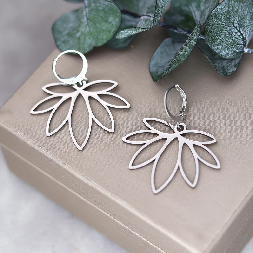 Kinitial Hollow Lotus Flower Drop Earrings For Women Stainless Steel Wedding Jewelry Simple Mother Earring